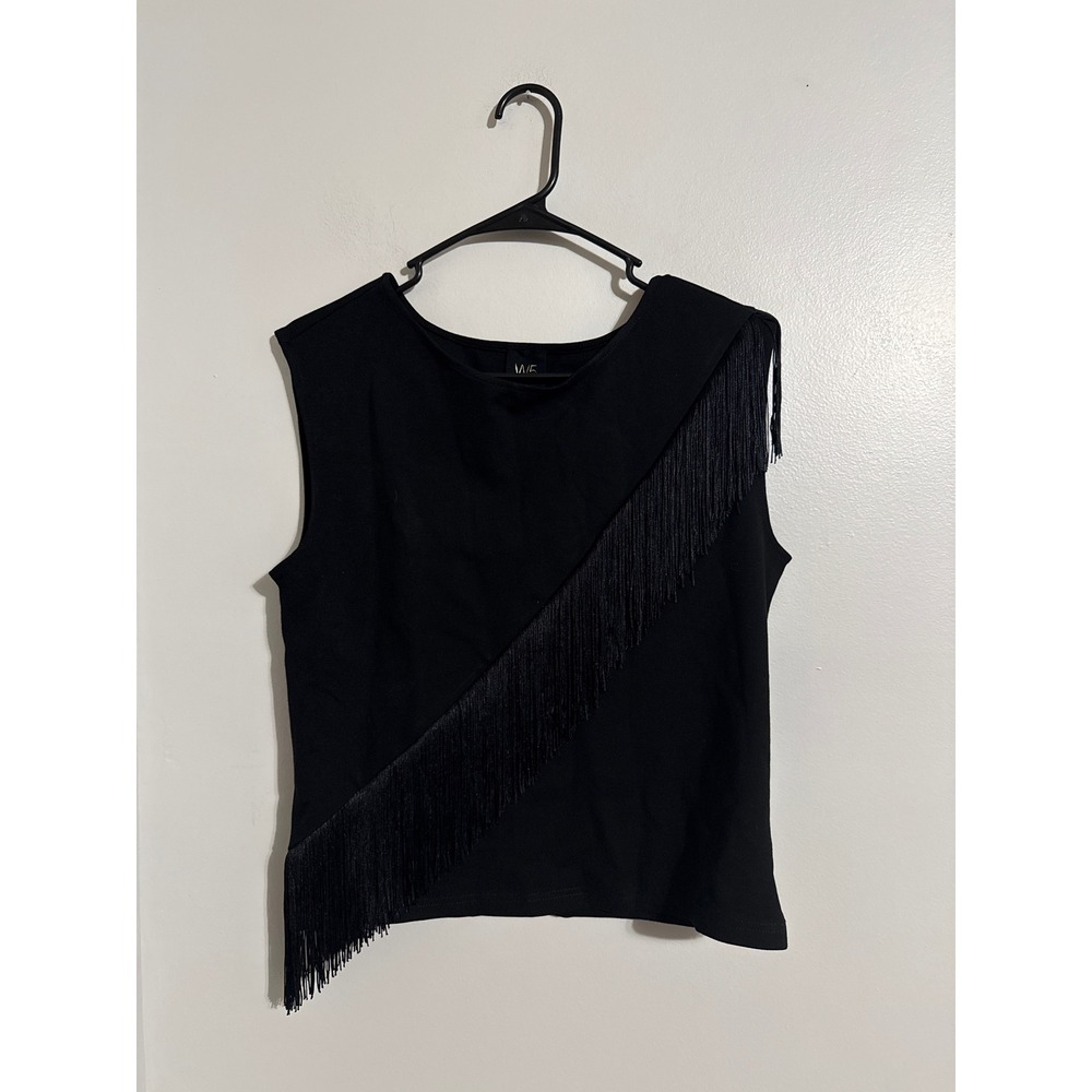 W5 Womens Black Sleeveless Fringe Diagonal Wrap Top Size M 24729BZH